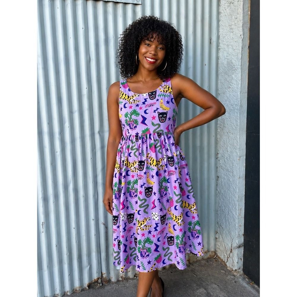 Nooworks Naomi Dress Hasting Print Purple Retro Rayon Midi Sleeveless Medium